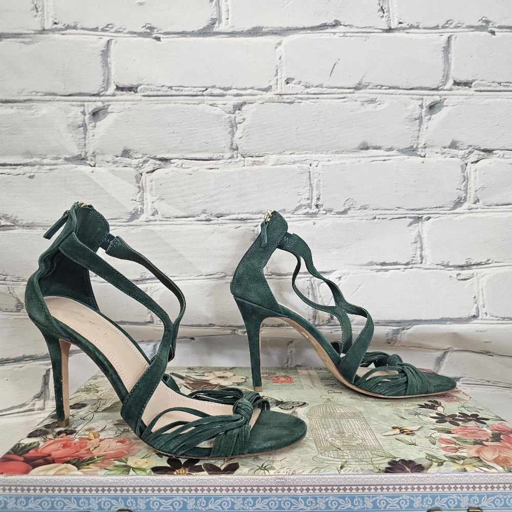 Sandro Elisa Heeled Sandals In Green Suede - Picture 3 of 8